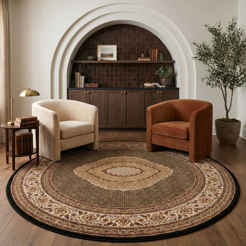 Tapis d'intérieur / rond à motif de médaillon persan noir / beige 8 pi x 8 pi (7 pi 6 po x 7 pi 6 po) Branch Faris, tapis traditionnel, à poils courts et résistant aux taches