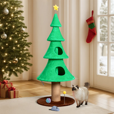 Grande tour d'arbre à chat de 60 pouces avec condos, perchoirs et poteaux à griffer - conception d'arbre de Noël, molleton moelleux, base stable pour chats d'intérieur