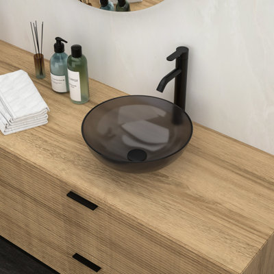 Bathroom Sink With Grey Tempered Glass And Maintenance- Pop-Up Drain, 16.41X16.41X5.29 In Basin Convenient