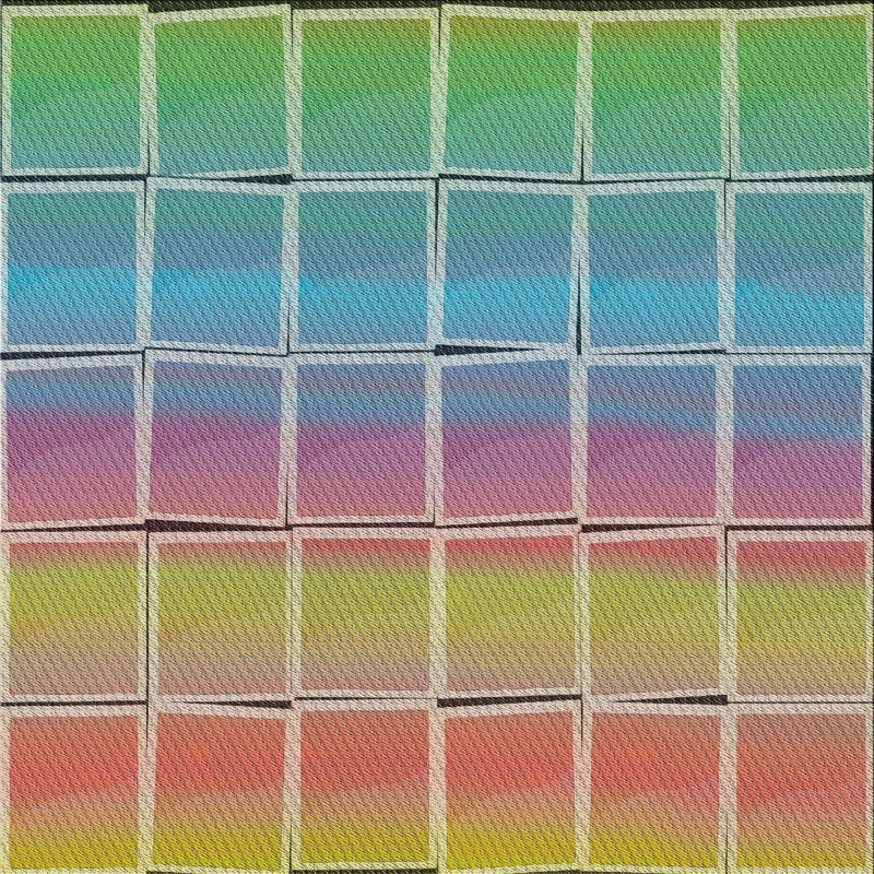 Tapis orange/bleu/zone jaune à motifs, Carré 3 pi