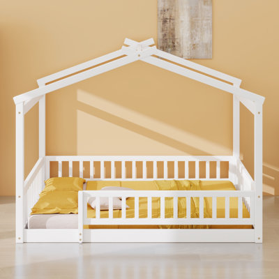 Wood Bed House Bed Frame With Fence, For Kids, Teens by August Grove