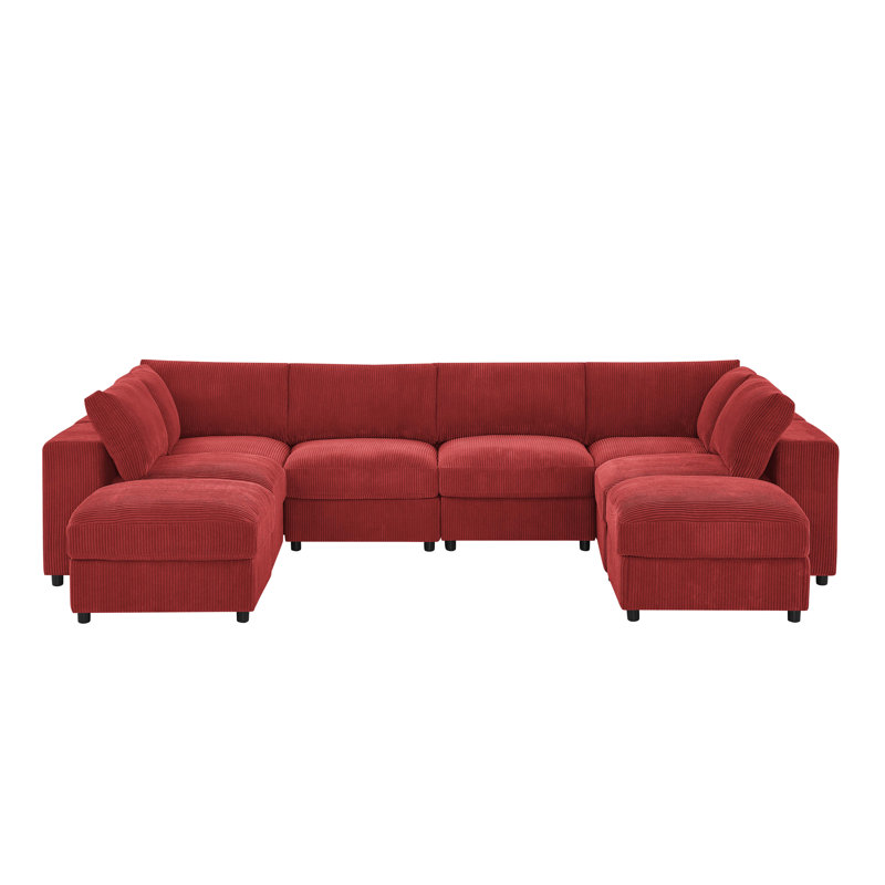 Campneaurelgates Corduroy Upholstered Modular Sectional, Red Corduroy