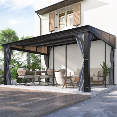 12 ft. W x 16 ft. D Wall-mounted Galvanized Steel Hardtop Gazebo, Heavy-duty Aluminum Frame Patio Gazebo with Netting & Curtains