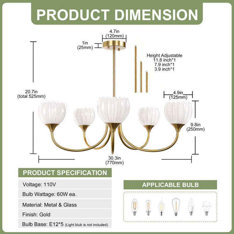 Lustre moderne à 5 lumières de 77 cm (30,3 po)
