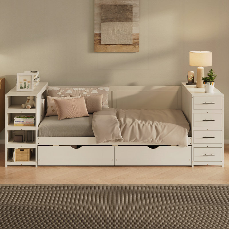 Wooden Daybed with Side Shelves and Drawers, Storage Bed with Multi-Functional Desk and Charging Station