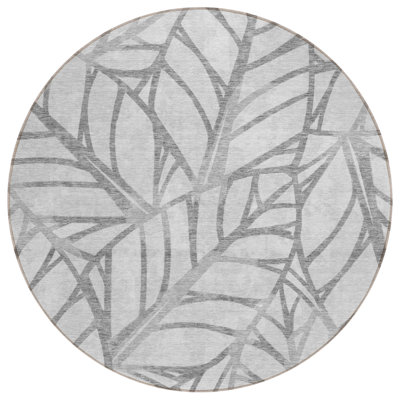 8' Gray And Silver Round Floral Washable Indoor Outdoor Area Rug