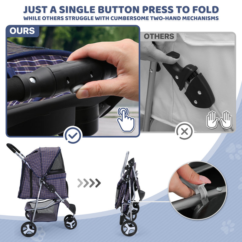 Plaid Foldable Dog Stroller with Storage and Cup Holder