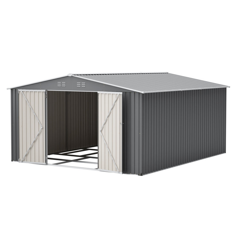 Remise de rangement extérieure en métal 12 po x 14 pi, grande remise à outils de jardin avec portes doubles verrouillables, bâtiment de jardin imperméable, patio, gris clair