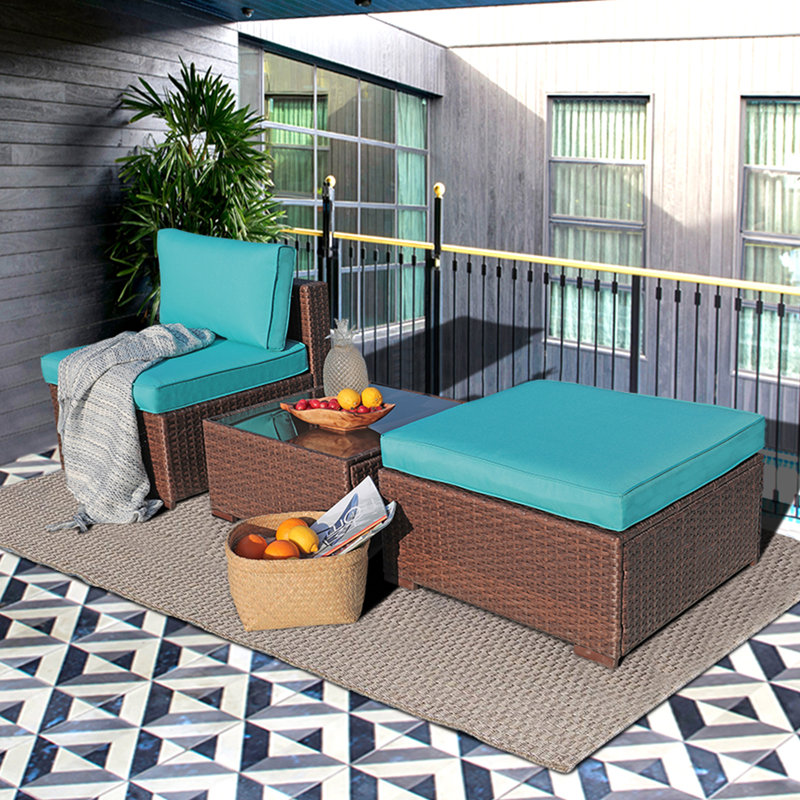 Outdoor Seating Groups With Cushions And Ottoman, Blue Cushion/Brown Frame