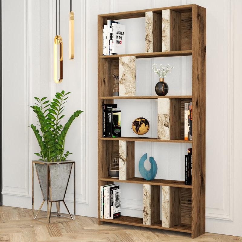 Modern Bookshelf with Numerous Shelves, Walnut & White Design, 70.9 x 71.0 x 7.9 inches | 100% Melamine Coated Particle Board, Wall-Mountable, 77.2 lbs Shelf Capacity | Stylish Storage for Home & Office