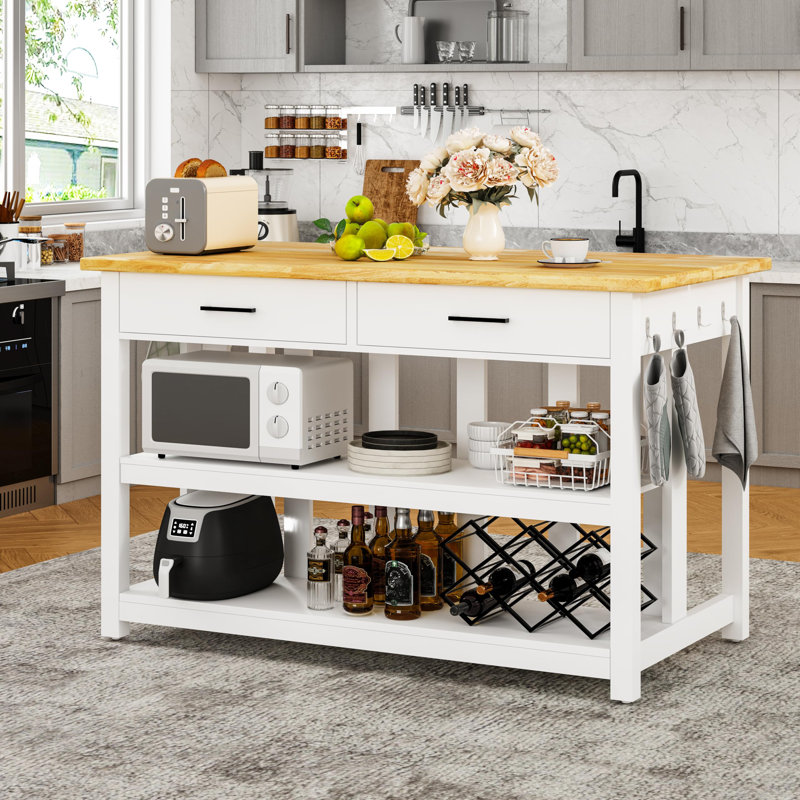 47.3" Solid Rubberwood Kitchen Island with Power Outlets - Extra Large Work Surface, 2 Drawers & Open Shelves Storage Cabinet for Kitchen Dining Room, Farmhouse Style