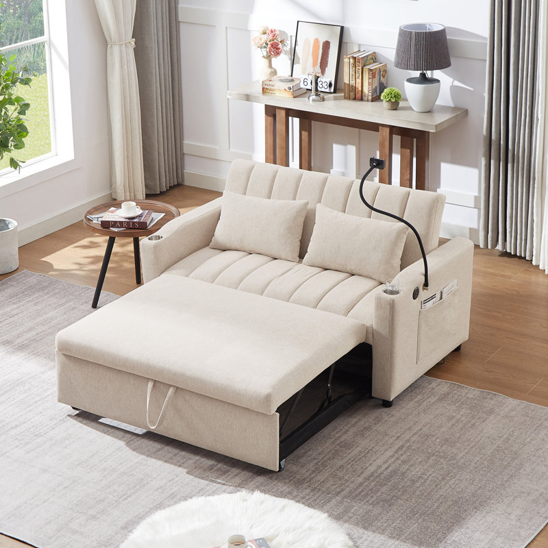 Canapé-lit convertible 55,9 po avec trois ports USB, Beige