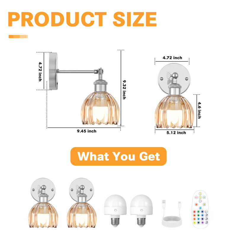 Multi-Scene Rgb Wall Sconces With Amber Tulip Glass Shade, 12 Colors & Dimmable (Set Of 2), Chrome, Brown