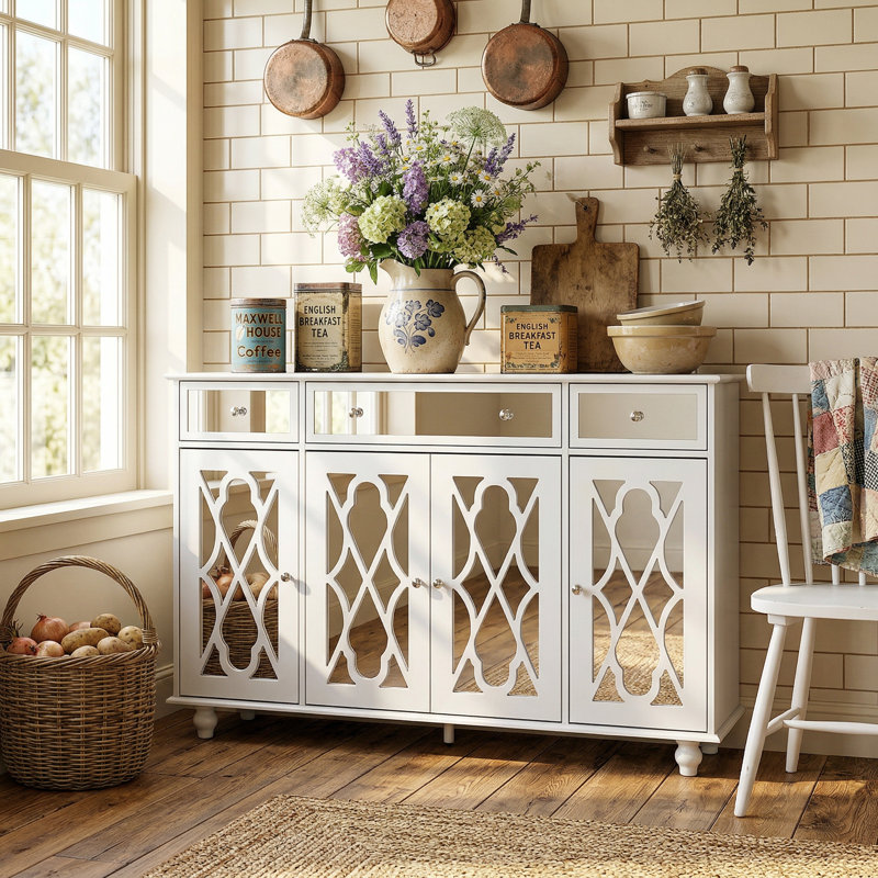 Amiee 55.1'' Wide 3 Drawer Mirrored Door Sideboard, White