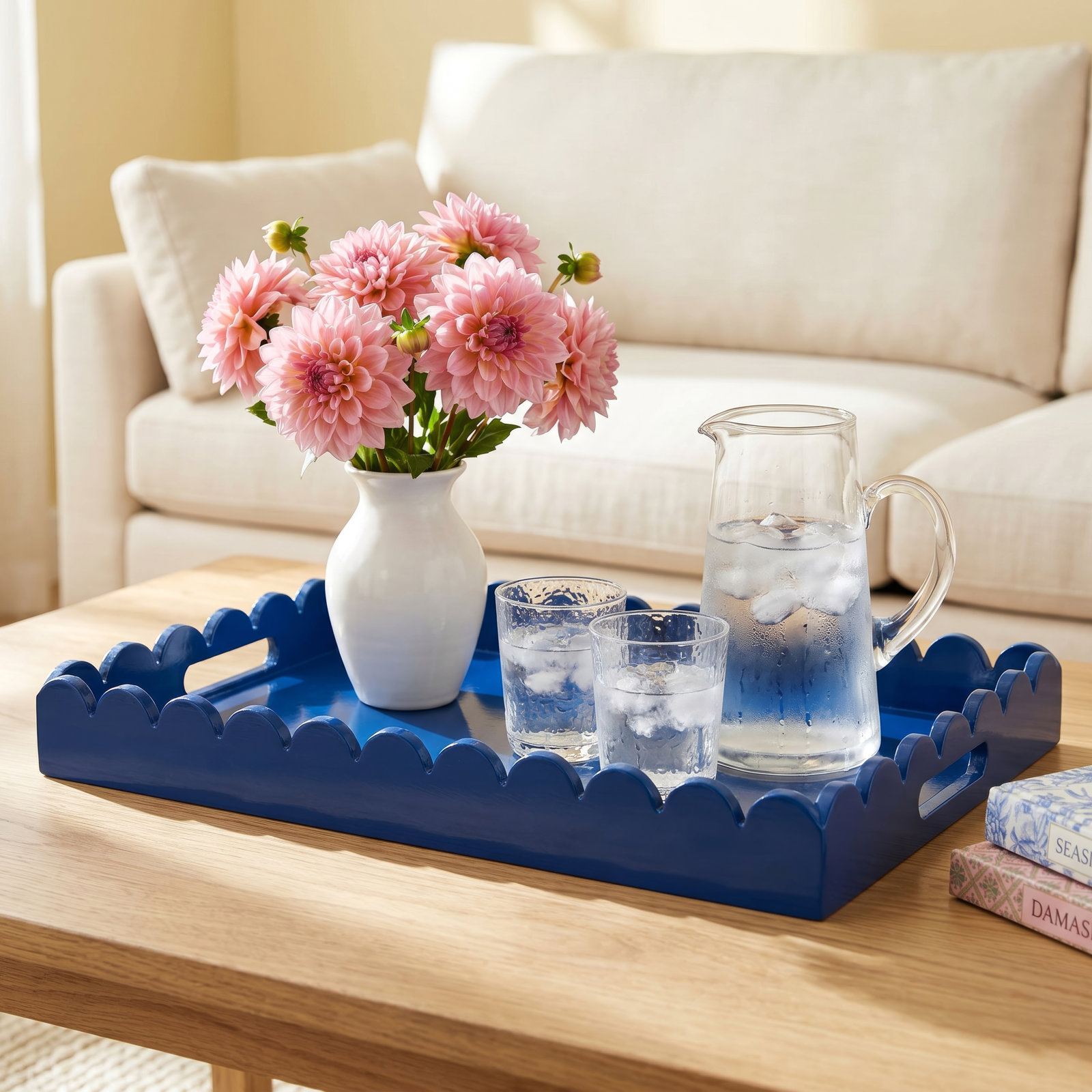 Hindley Hand-Crafted Rectangular Scalloped Wood Tray, Light Blue