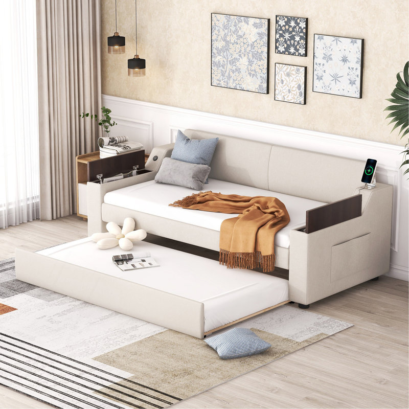 Lit de jour simple rembourré avec accoudoirs de rangement, gigogne et design USB, beige