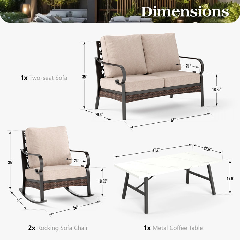 4-Person Patio Furniture Set With Rocking Lounge Chairs, Beige