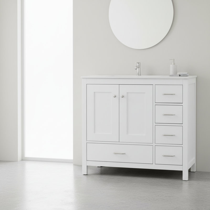 Ensemble de meuble-lavabo blanc 36 po avec lavabo en céramique 36 po, armoire de rangement avec 2 portes à fermeture en douceur et 5 tiroirs