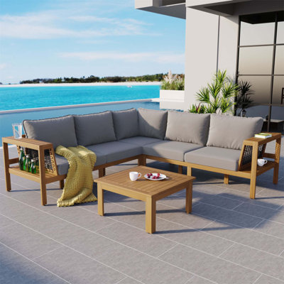 Ensemble de canapé de patio en bois d'acacia 4 pièces avec design en forme de L, accoudoirs en filet tissé et table basse pour la détente en plein air
