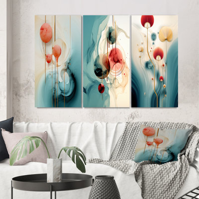 «Tender Awakening» en bleu et rouge - Ensemble d'art géométrique moderne de 3 pièces