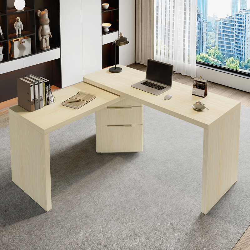Bureau de direction rotatif en L 90 po avec 3 tiroirs Reverie, Bois naturel