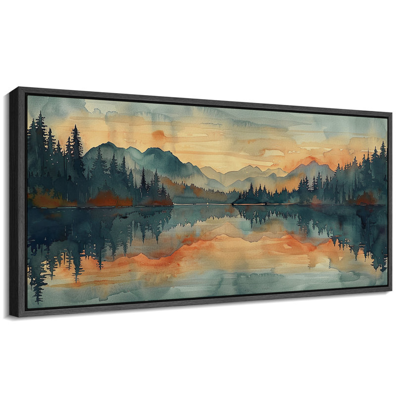 Abstract Landscape "Orange Green Peaceful Lake Forest Nature Extra Large Artwork Framed Wall Picture, 30" H x 60" W, Black