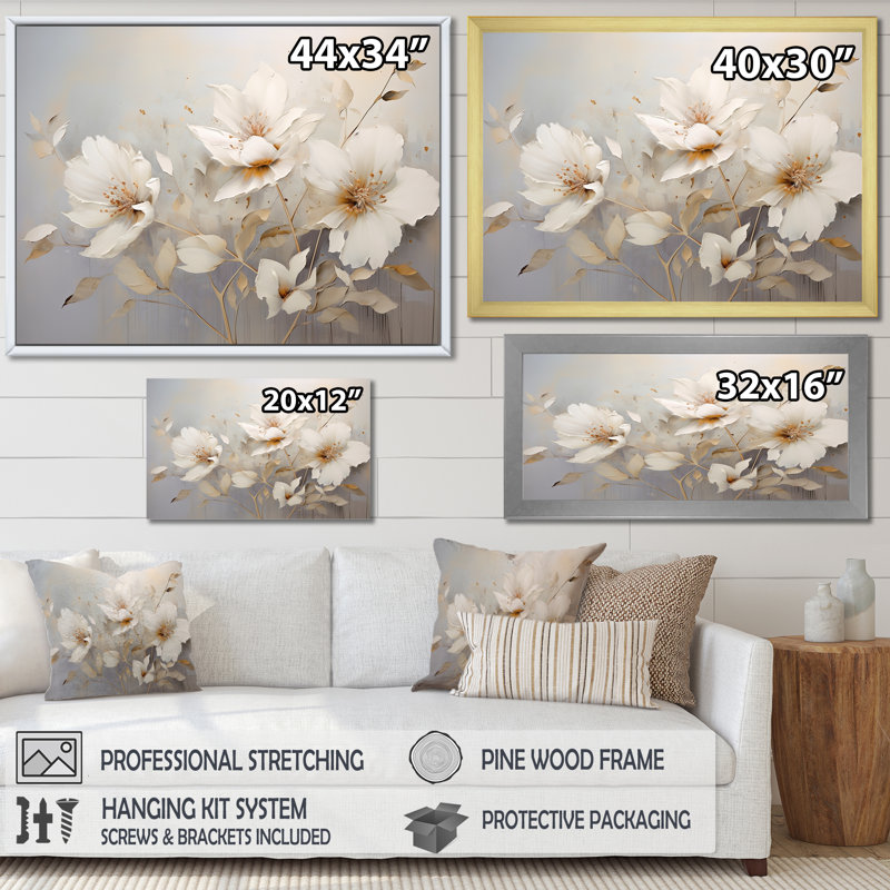 «Beige Seasonal Flowers Simplicity» sur impression sur toile, Cadre flottant blanc, 16" H x 32" W