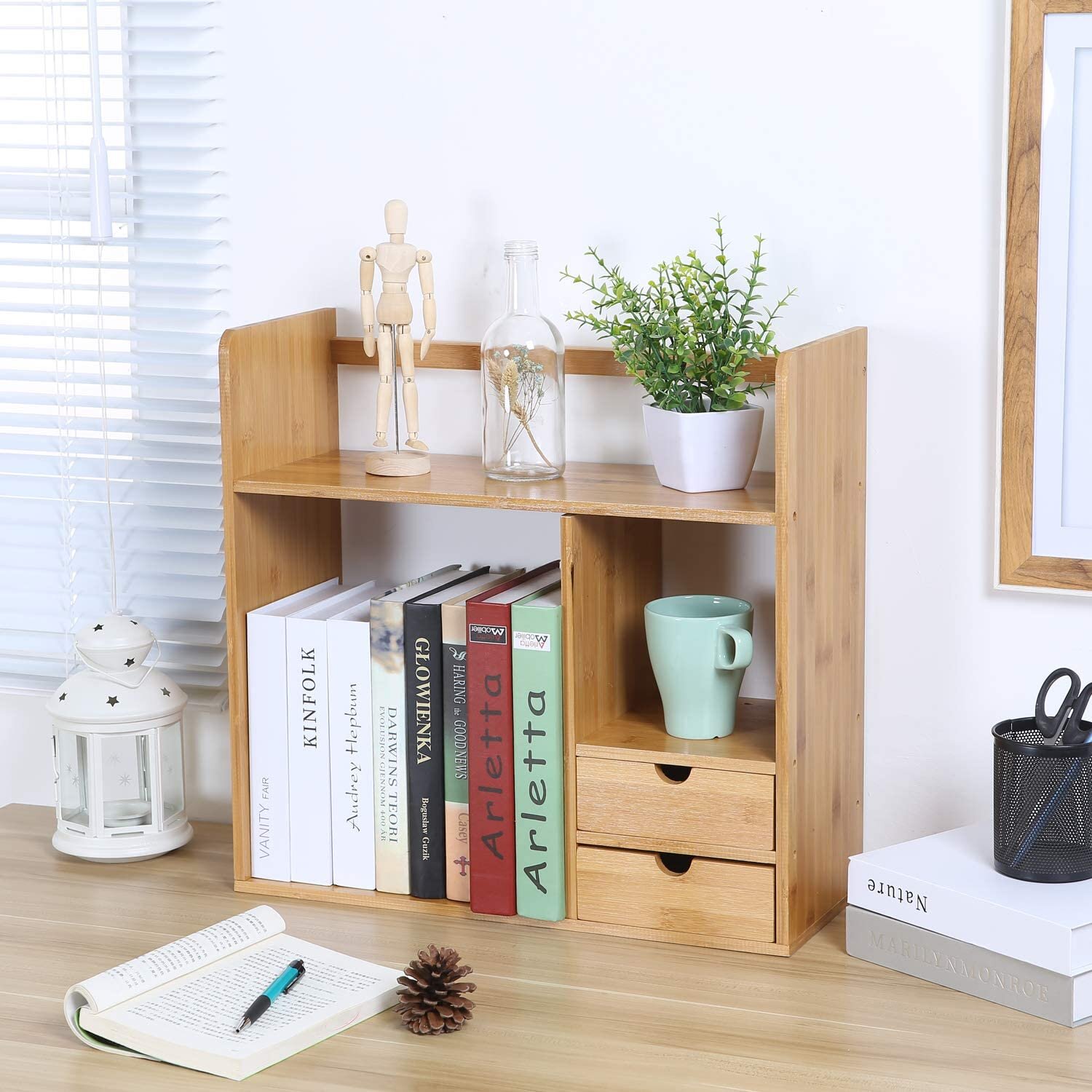 Okllen Bamboo Desk Organizer, Natural Wood Shelf Organizer for Desk with  Drawers, Tabletop Bookshelf Cosmetic Storage Organizer Display Storage Rack