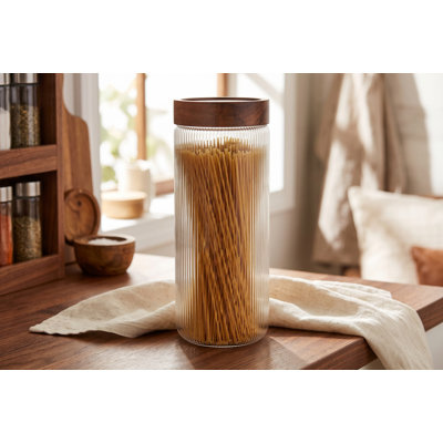 Pot en verre borosilicaté 1,5L avec couvercle en bois hermétique, contenant cannelé en verre pour garde-manger et comptoir de cuisine Wiltraut