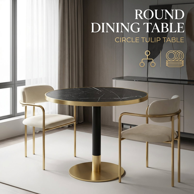 Modern Round Dining Table with Glossy Stone Top and Sturdy Metal Frame, Gold/Black, Gray