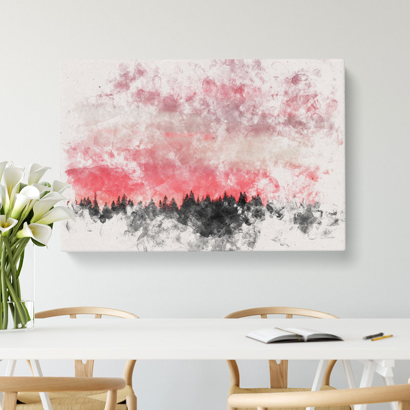 Pink Sunset Above A Forest Watercolour - Wrapped Canvas Print, 50cm H x 76cm W x 3cm D