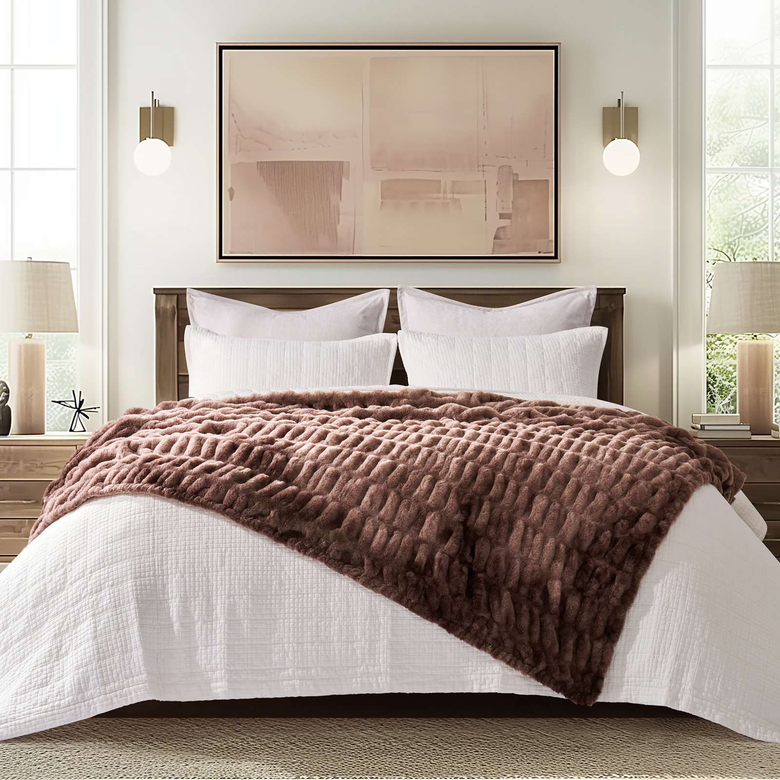 Ruched Faux Fur Throw Blanket, Mocha Brown, 50" W x 60" L