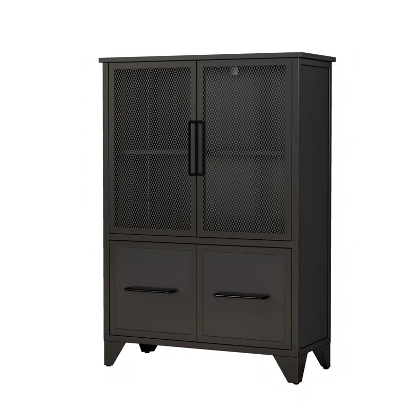 Storage Cabinet With 4 Iron Doors,Black Sturdy Metal Frame and Metal Legs, Black