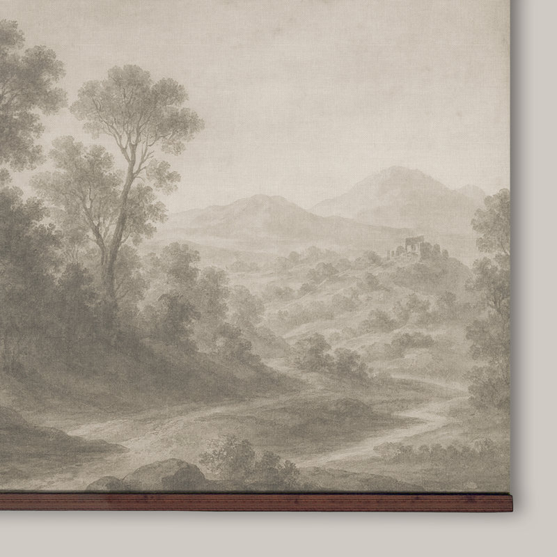 Tapestry Canvas, Vintage Landscape Wall Hanging – Monochrome Forest & Mountain Scene with Wooden Hanger, 32" H x 48" W