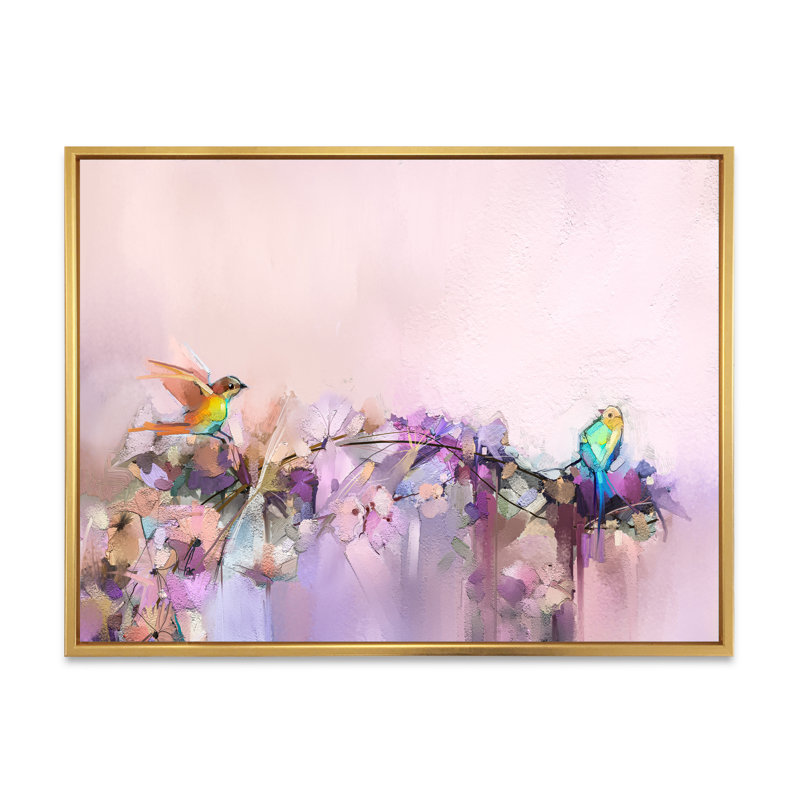 Pinceau, oiseaux mauves et beiges - reproduction encadrée sur toile, H 16 po x l 32 po x P 1 po, Cadre flottant doré