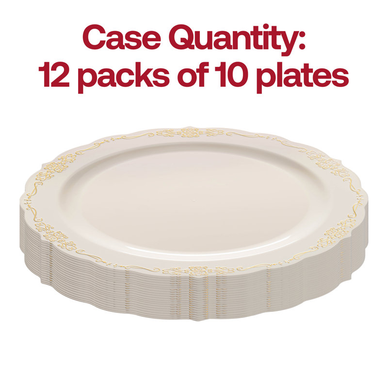 Assiettes à salade jetables rondes en plastique ivoire avec bordure dorée rétro (7,5 po)