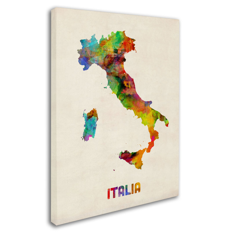 « italie map aquarelle » par michael tompsett, impression sur toile tendue, H 24 po x l 18 po x P 2 po