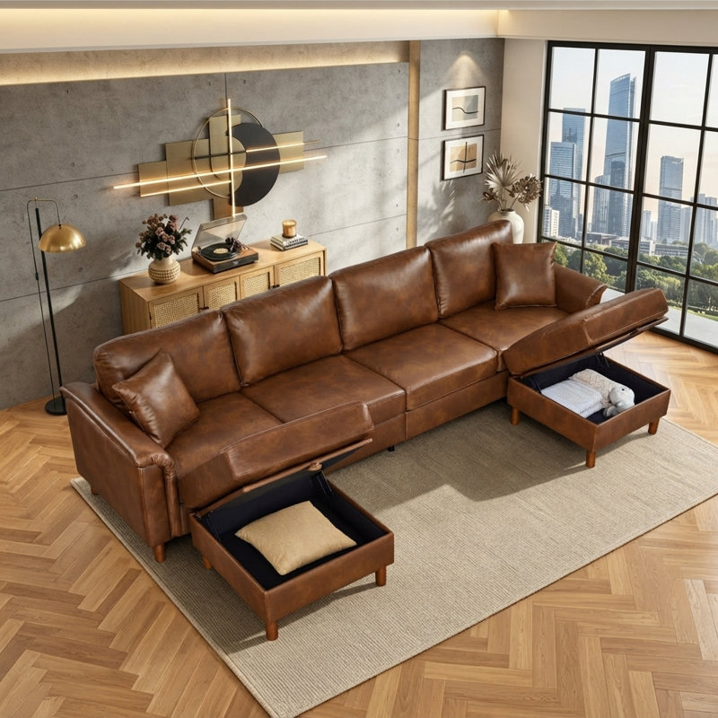 Canapé d'angle classique en forme de U avec 2 poufs de rangement, canapé en cuir PU ciré à l'huile pour salon, canapé en similicuir imperméable