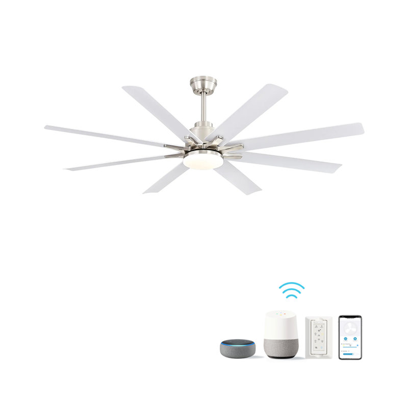 66 Inch Modern Smart Ceiling Fan with Dimmable LED Light, 8 ABS Blades, Remote & Voice Control, Reversible DC Motor for Living Room, Home Office - Nickel Finish