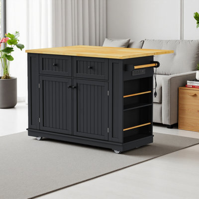 Large Kitchen Island With Drop Leaf,Power Outlet,Internal Storage Rack,Rolling Kitchen Storage Cart On 5 Wheels With 5 Open Side Racks