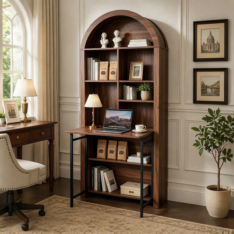 Grande bibliothèque arquée, bureau de bricolage pliant, bureau convertible caché en bibliothèque, bureau de coiffeuse, bureau pliable avec rangement, bureau de disparition pour petits espaces, armoire à vin de salon, bureau à domicile