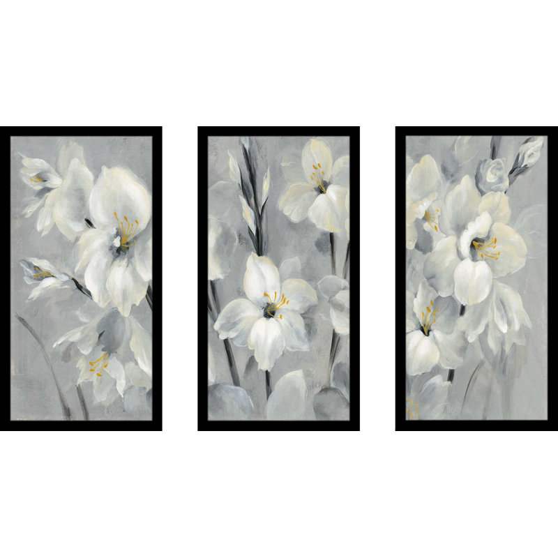 Fleurs sur fond gris - ensemble de 3 reproductions d'art, L 40,5 po x H 25,5 po x P 1 po
