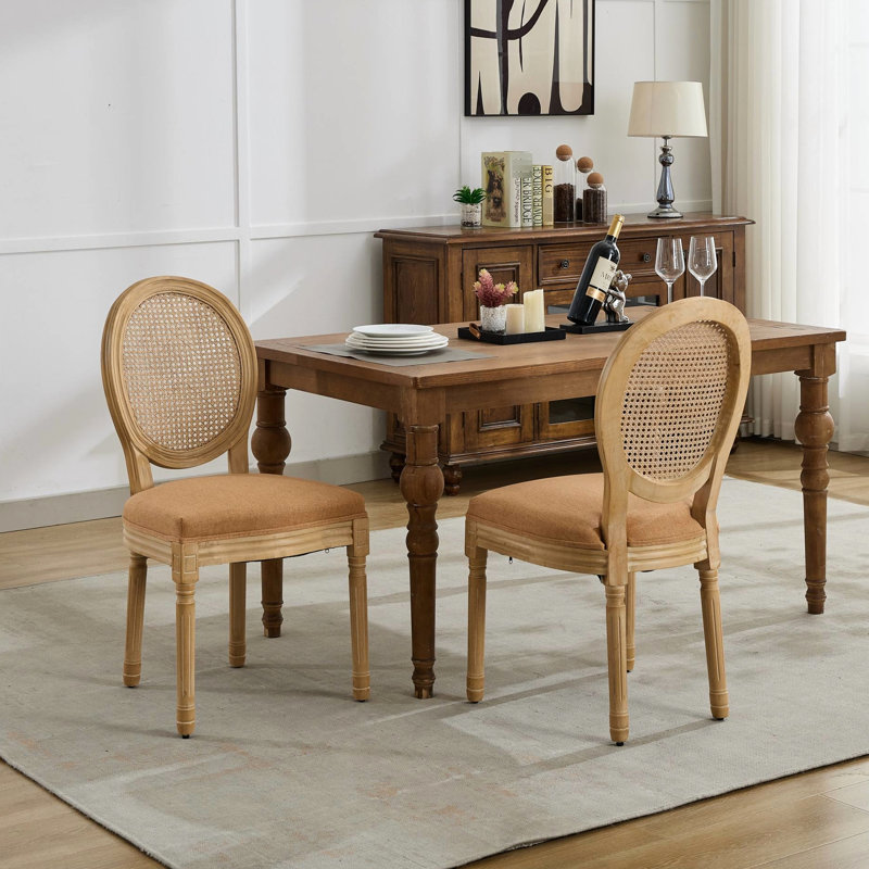 Of 2 French - Style Tan Dining Chairs, Solid Rubberwood Frame With Antique Painting, Linen Fabric And Back, Foam Steel Spring Inner For Comfort, 22.93 In Product Depth, 19.2 Width, 37.8 Height