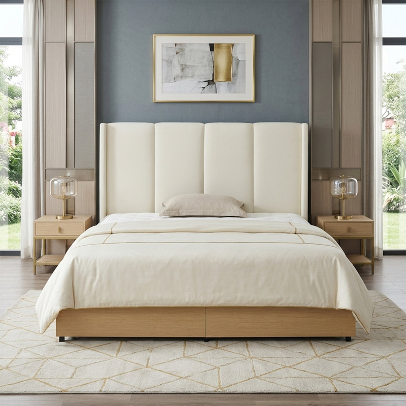 Modern Wingback Upholstered Bed with 2 Footboard Drawers, King, Beige Linen, Beige, King