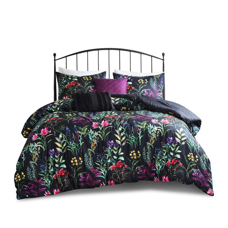 Édredon 5 pièces noir, motif botanique élégant, 2 coussins décoratifs, taies décoratives assorties, lit double lavable à la machine, pièces, avec imprimé attrayant