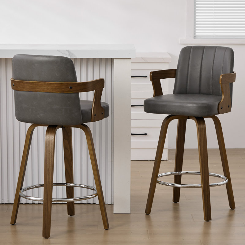 26" Upholstered Swivel Counter & Bar Stool with Armrest, Gray, Counter Stool (26" Seat Height)