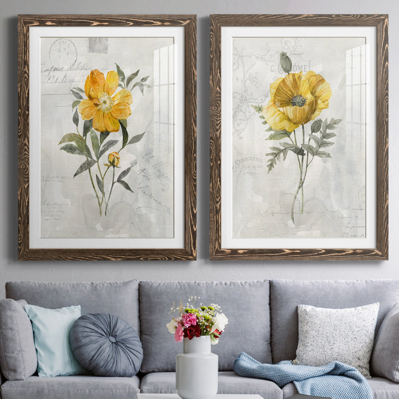 Canary Linen pivoine - ensemble de 2 reproductions d'art, H 31,5 po x l 47 po x P 1,5 po, Papier, cadre noyer, Blanc