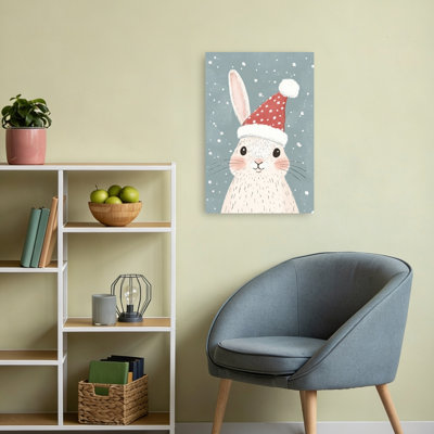Cute Christmas Bunny Abstract Contemporary Rabbit Winter Forest Wall Art Print 1 Piece Wrapped Canvas Wall Art