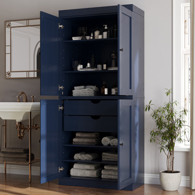 100% Solid Wood 32" Bathroom Storage Cabinet with Shaker Doors, 2-Drawers & Adjustable Shelves