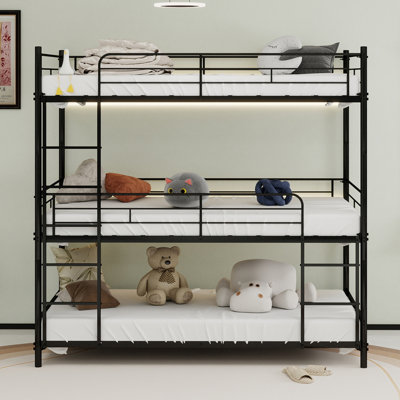 Lit robuste à cadre triple avec échelle intégrée et garde-corps sur toute la longueur, sécuritaire pour les enfants / adolescents / adultes, chambre / dortoir, sans ressorts requis, facile à assembler, noir